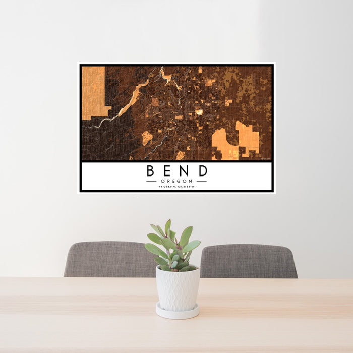 24x36 Bend Oregon Map Print Landscape Orientation in Ember Style Behind 2 Chairs Table and Potted Plant