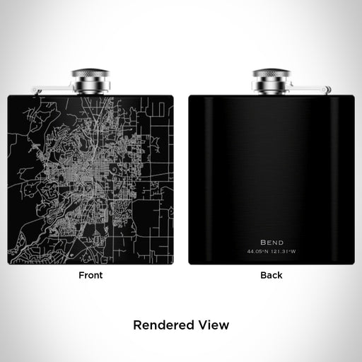 Rendered View of Bend Oregon Map Engraving on 6oz Stainless Steel Flask in Black