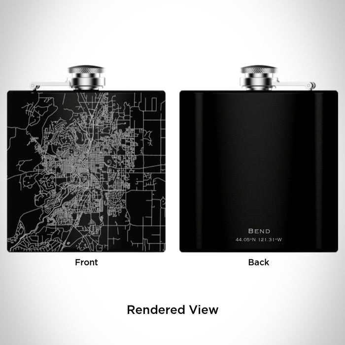 Rendered View of Bend Oregon Map Engraving on 6oz Stainless Steel Flask in Black
