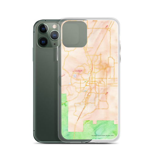 Custom Bend Oregon Map Phone Case in Watercolor on Table with Laptop and Plant