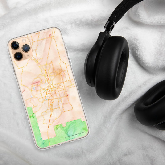 Custom Bend Oregon Map Phone Case in Watercolor on Table with Black Headphones