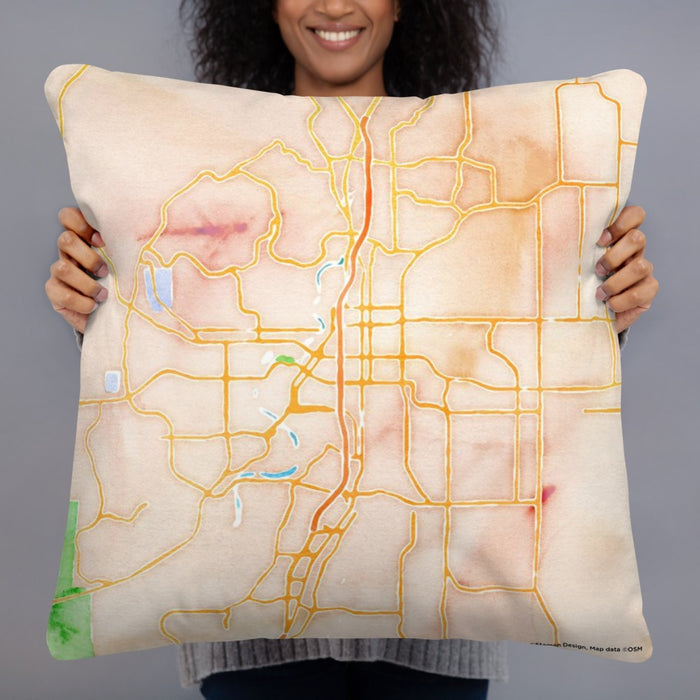 Person holding 22x22 Custom Bend Oregon Map Throw Pillow in Watercolor