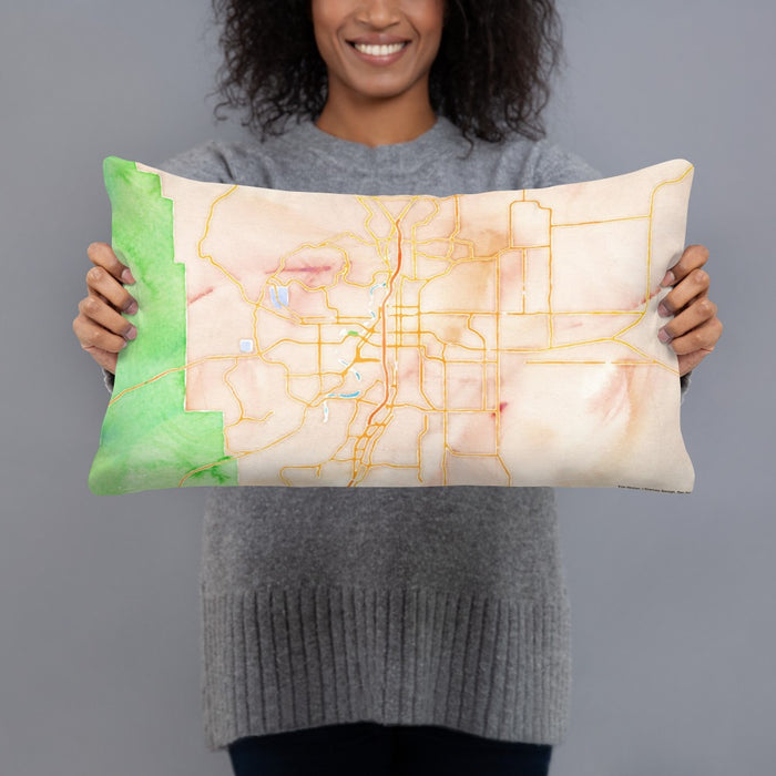 Person holding 20x12 Custom Bend Oregon Map Throw Pillow in Watercolor