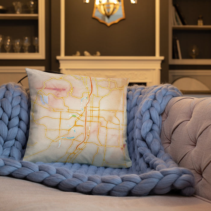Custom Bend Oregon Map Throw Pillow in Watercolor on Cream Colored Couch