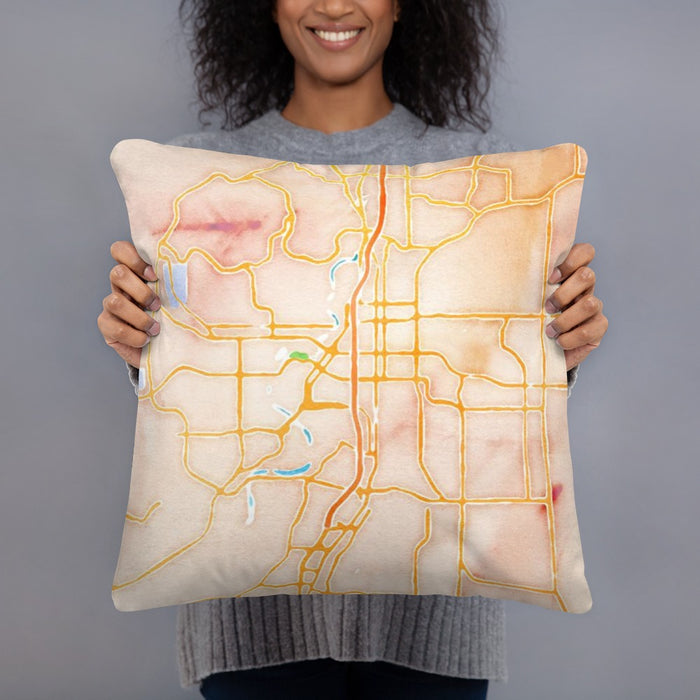 Person holding 18x18 Custom Bend Oregon Map Throw Pillow in Watercolor