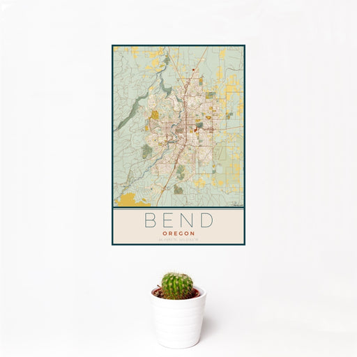 12x18 Bend Oregon Map Print Portrait Orientation in Woodblock Style With Small Cactus Plant in White Planter