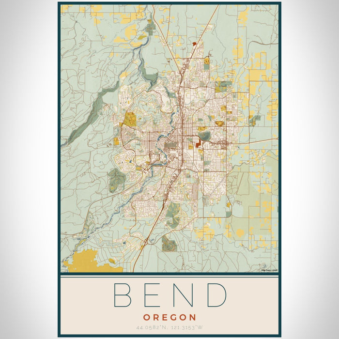 Bend Oregon Map Print Portrait Orientation in Woodblock Style With Shaded Background