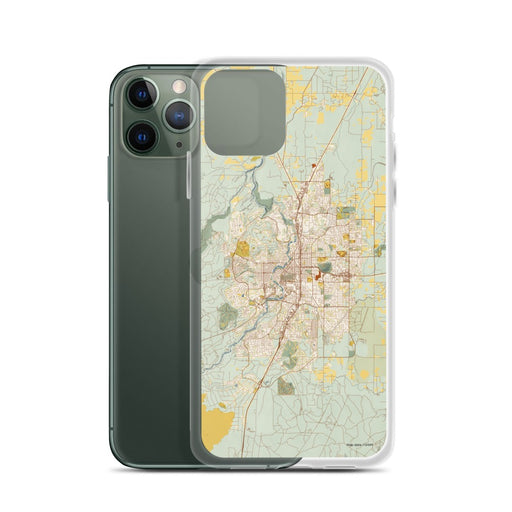 Custom Bend Oregon Map Phone Case in Woodblock on Table with Laptop and Plant