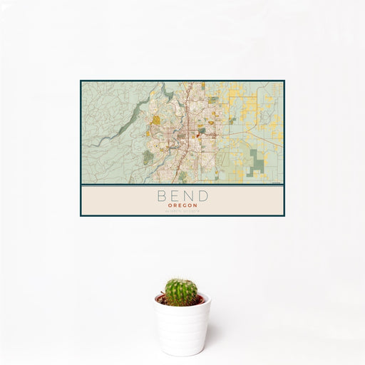12x18 Bend Oregon Map Print Landscape Orientation in Woodblock Style With Small Cactus Plant in White Planter