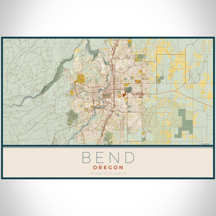 Bend Oregon Map Print Landscape Orientation in Woodblock Style With Shaded Background