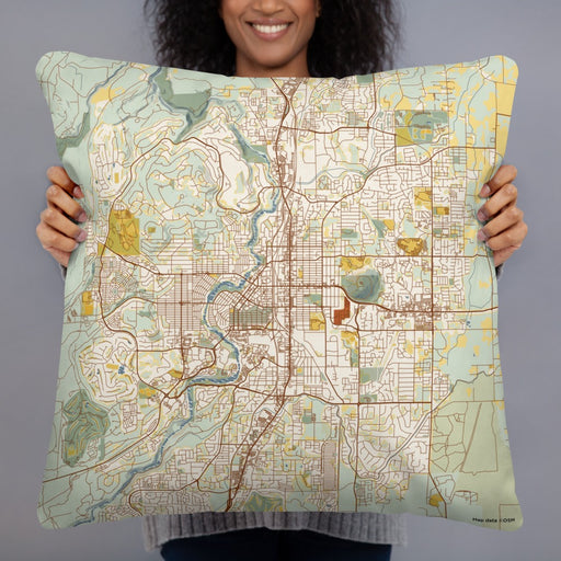 Person holding 22x22 Custom Bend Oregon Map Throw Pillow in Woodblock