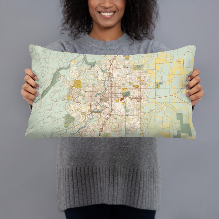 Person holding 20x12 Custom Bend Oregon Map Throw Pillow in Woodblock