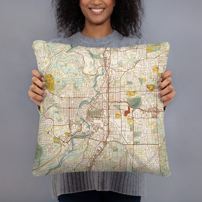 Person holding 18x18 Custom Bend Oregon Map Throw Pillow in Woodblock