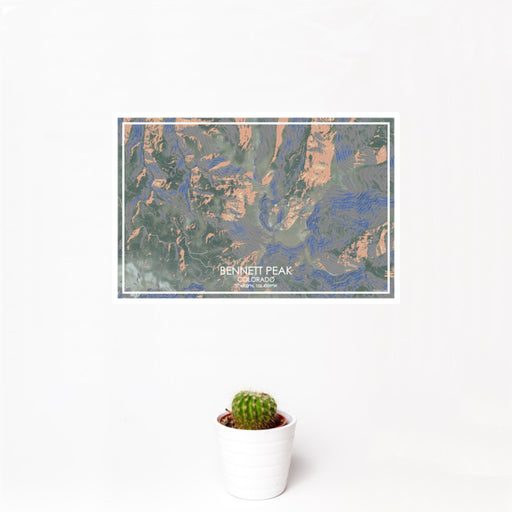 12x18 Bennett Peak Colorado Map Print Landscape Orientation in Afternoon Style With Small Cactus Plant in White Planter