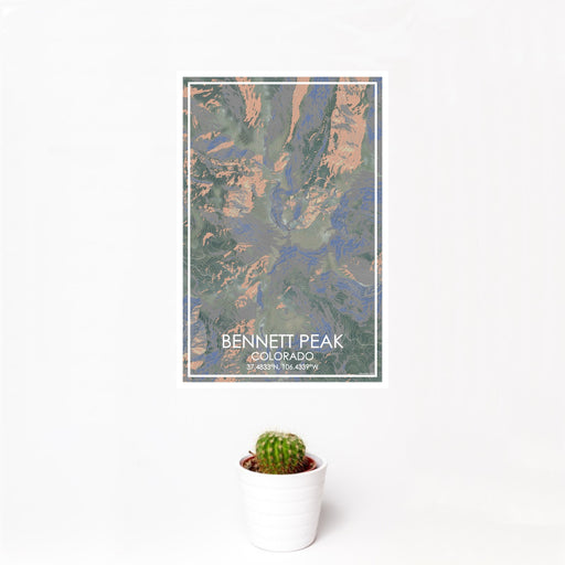12x18 Bennett Peak Colorado Map Print Portrait Orientation in Afternoon Style With Small Cactus Plant in White Planter