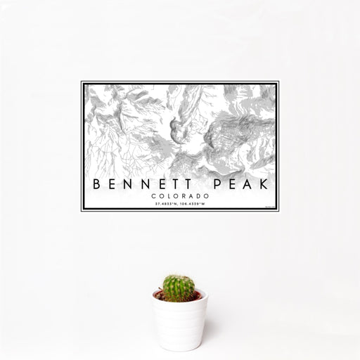 12x18 Bennett Peak Colorado Map Print Landscape Orientation in Classic Style With Small Cactus Plant in White Planter