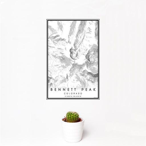 12x18 Bennett Peak Colorado Map Print Portrait Orientation in Classic Style With Small Cactus Plant in White Planter