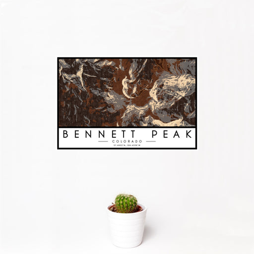 12x18 Bennett Peak Colorado Map Print Landscape Orientation in Ember Style With Small Cactus Plant in White Planter