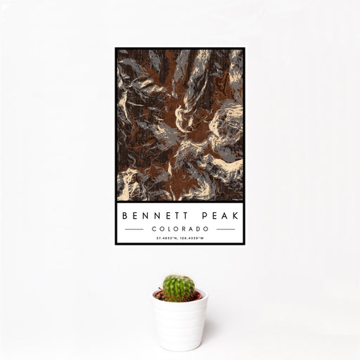 12x18 Bennett Peak Colorado Map Print Portrait Orientation in Ember Style With Small Cactus Plant in White Planter