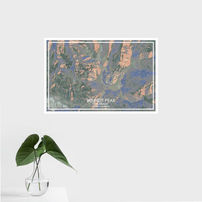 16x24 Bennett Peak Colorado Map Print Landscape Orientation in Afternoon Style With Tropical Plant Leaves in Water