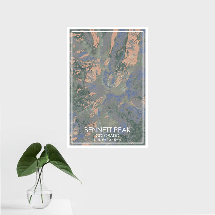 16x24 Bennett Peak Colorado Map Print Portrait Orientation in Afternoon Style With Tropical Plant Leaves in Water