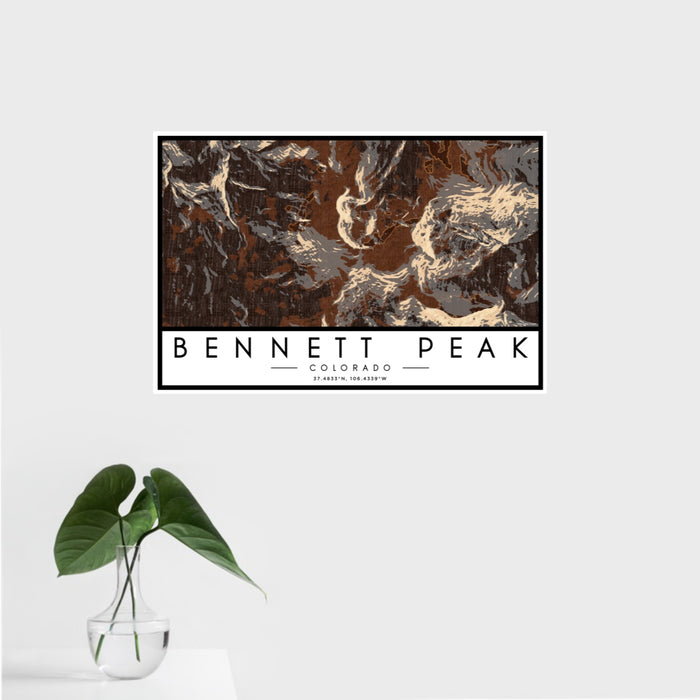16x24 Bennett Peak Colorado Map Print Landscape Orientation in Ember Style With Tropical Plant Leaves in Water