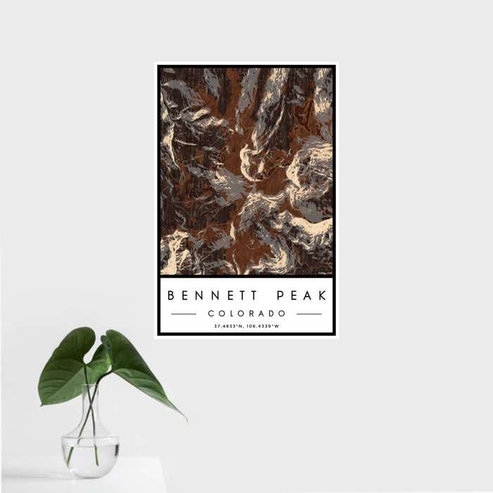 16x24 Bennett Peak Colorado Map Print Portrait Orientation in Ember Style With Tropical Plant Leaves in Water