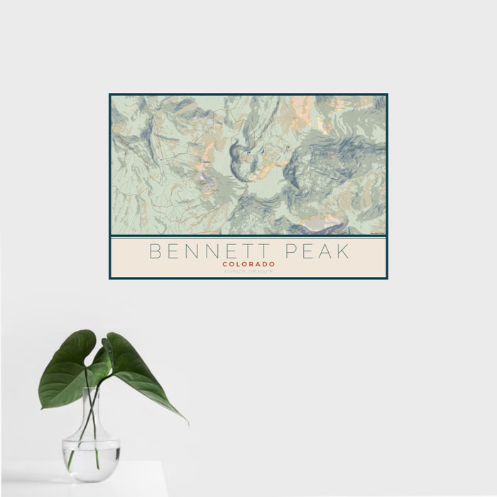 16x24 Bennett Peak Colorado Map Print Landscape Orientation in Woodblock Style With Tropical Plant Leaves in Water