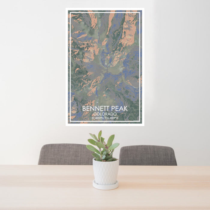 24x36 Bennett Peak Colorado Map Print Portrait Orientation in Afternoon Style Behind 2 Chairs Table and Potted Plant