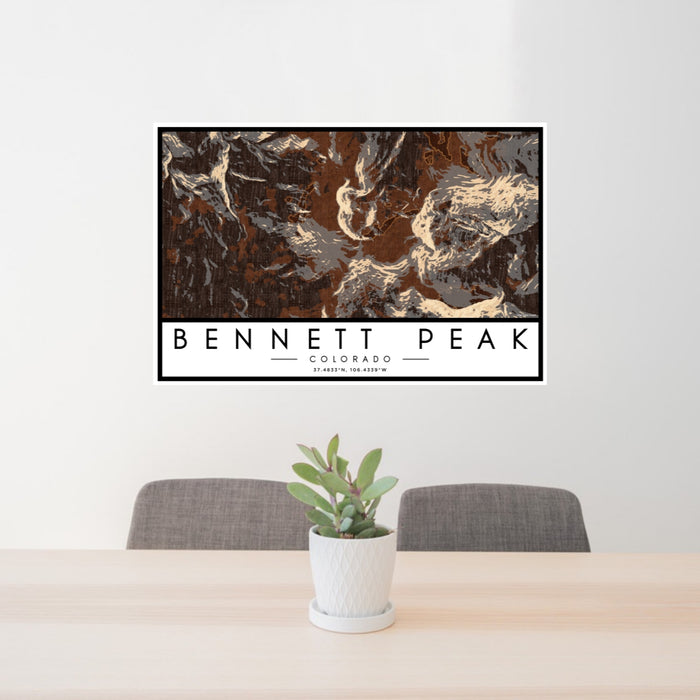 24x36 Bennett Peak Colorado Map Print Lanscape Orientation in Ember Style Behind 2 Chairs Table and Potted Plant