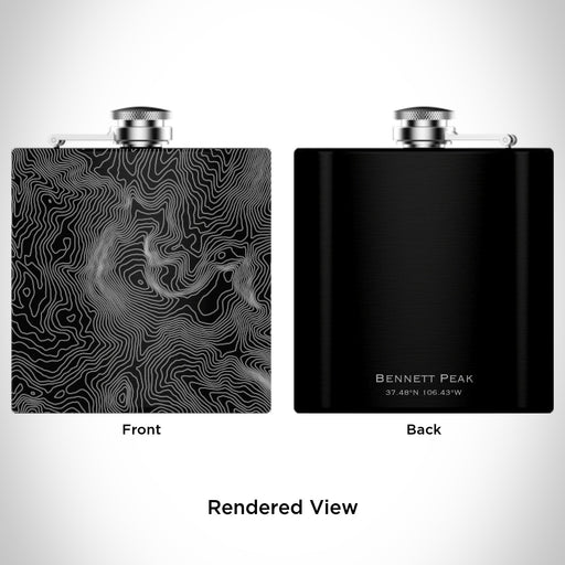 Rendered View of Bennett Peak Colorado Map Engraving on 6oz Stainless Steel Flask in Black