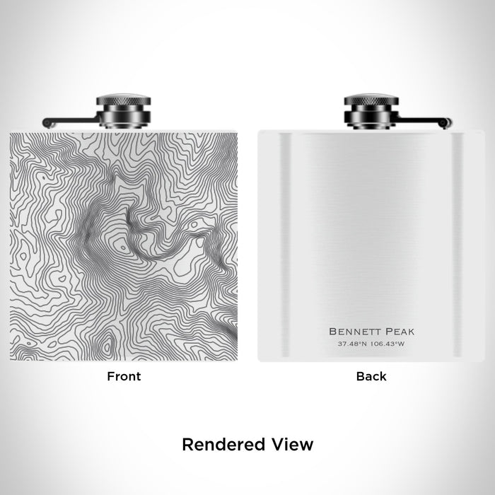 Rendered View of Bennett Peak Colorado Map Engraving on 6oz Stainless Steel Flask in White