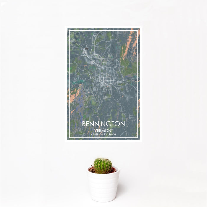 12x18 Bennington Vermont Map Print Portrait Orientation in Afternoon Style With Small Cactus Plant in White Planter