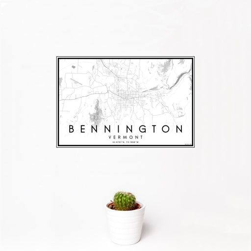 12x18 Bennington Vermont Map Print Landscape Orientation in Classic Style With Small Cactus Plant in White Planter