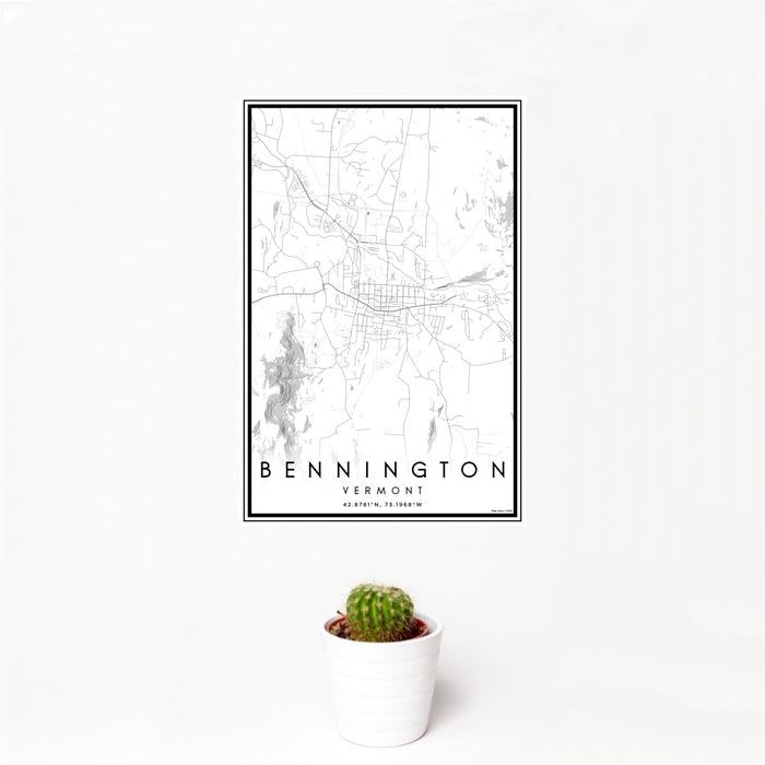 12x18 Bennington Vermont Map Print Portrait Orientation in Classic Style With Small Cactus Plant in White Planter