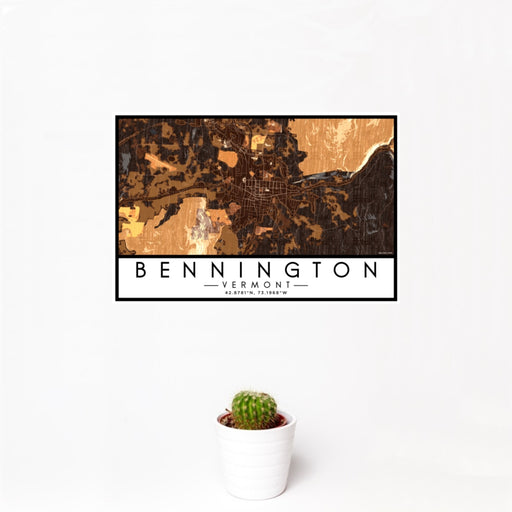 12x18 Bennington Vermont Map Print Landscape Orientation in Ember Style With Small Cactus Plant in White Planter