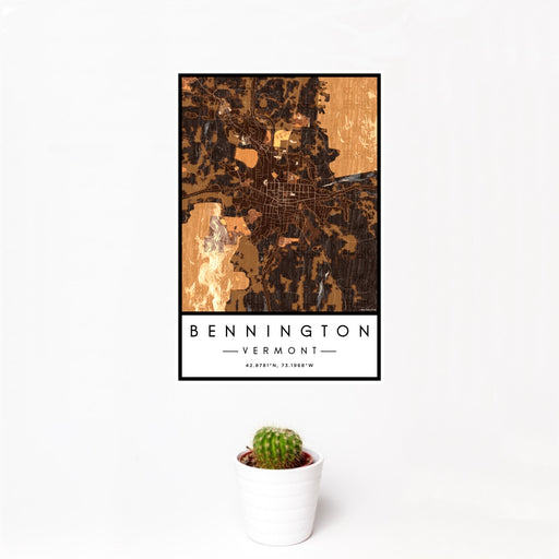12x18 Bennington Vermont Map Print Portrait Orientation in Ember Style With Small Cactus Plant in White Planter