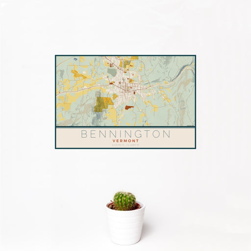 12x18 Bennington Vermont Map Print Landscape Orientation in Woodblock Style With Small Cactus Plant in White Planter