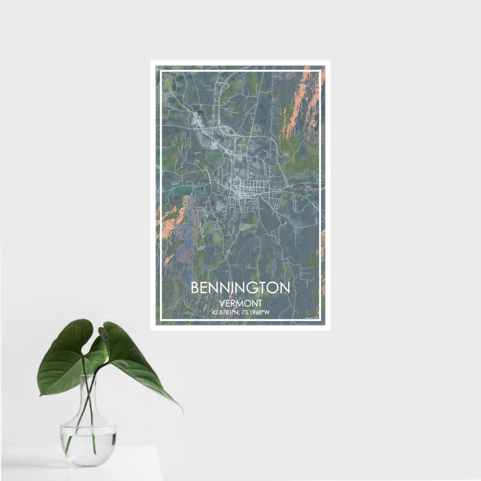 16x24 Bennington Vermont Map Print Portrait Orientation in Afternoon Style With Tropical Plant Leaves in Water