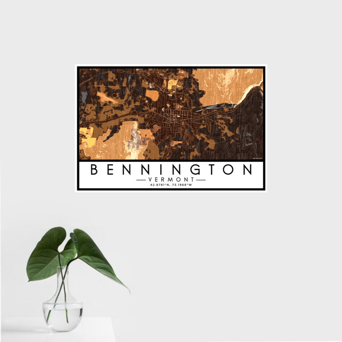 16x24 Bennington Vermont Map Print Landscape Orientation in Ember Style With Tropical Plant Leaves in Water