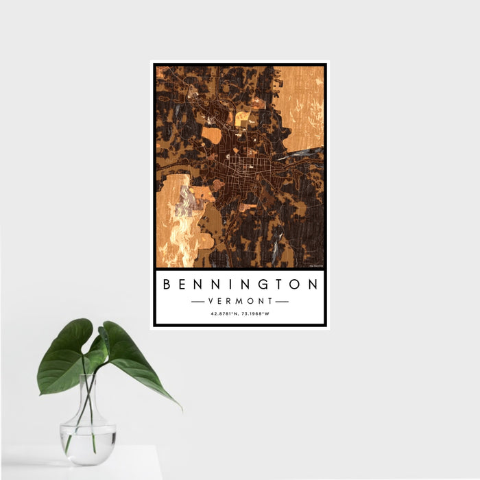16x24 Bennington Vermont Map Print Portrait Orientation in Ember Style With Tropical Plant Leaves in Water