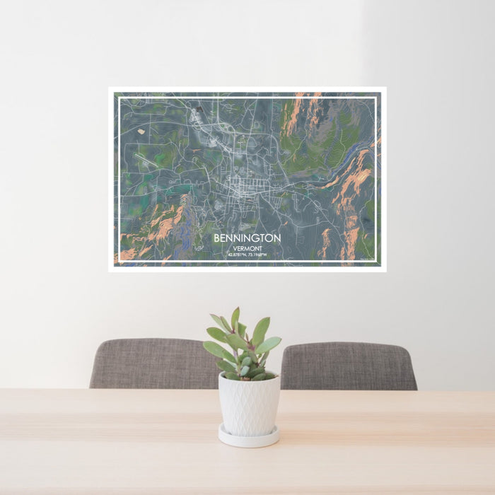 24x36 Bennington Vermont Map Print Lanscape Orientation in Afternoon Style Behind 2 Chairs Table and Potted Plant
