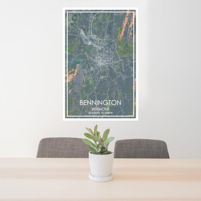 24x36 Bennington Vermont Map Print Portrait Orientation in Afternoon Style Behind 2 Chairs Table and Potted Plant