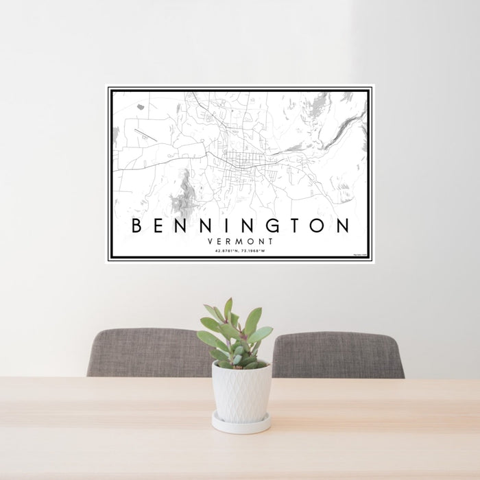 24x36 Bennington Vermont Map Print Lanscape Orientation in Classic Style Behind 2 Chairs Table and Potted Plant