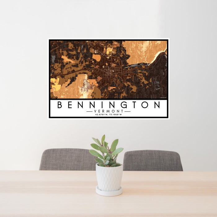 24x36 Bennington Vermont Map Print Lanscape Orientation in Ember Style Behind 2 Chairs Table and Potted Plant