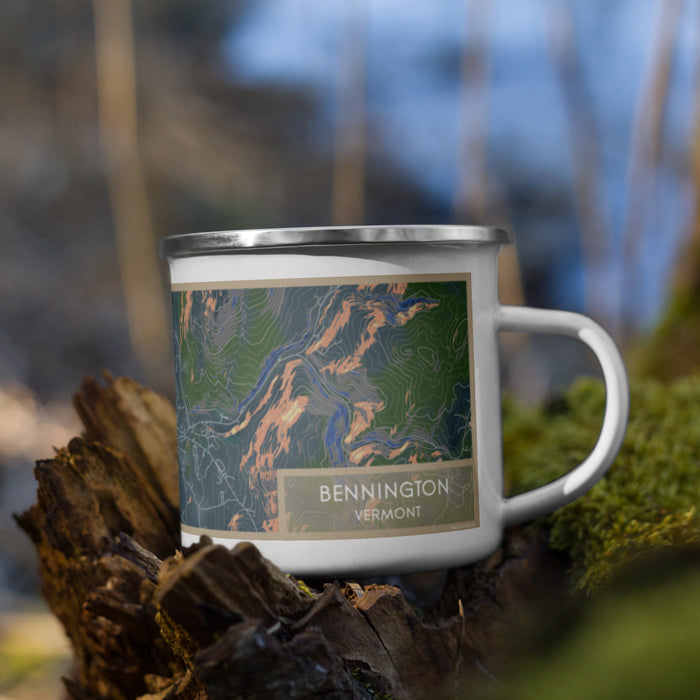 Right View Custom Bennington Vermont Map Enamel Mug in Afternoon on Grass With Trees in Background