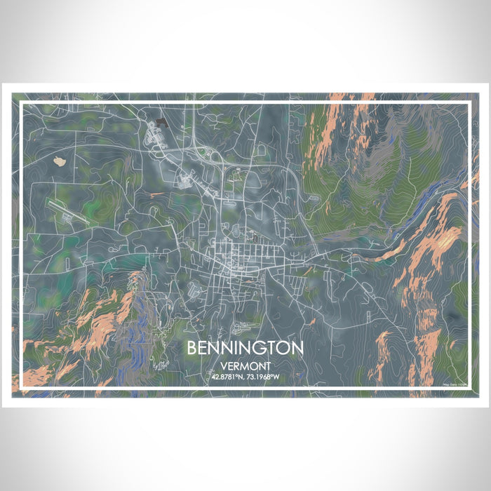 Bennington Vermont Map Print Landscape Orientation in Afternoon Style With Shaded Background