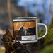 Right View Custom Bennington Vermont Map Enamel Mug in Ember on Grass With Trees in Background