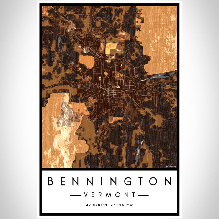 Bennington Vermont Map Print Portrait Orientation in Ember Style With Shaded Background