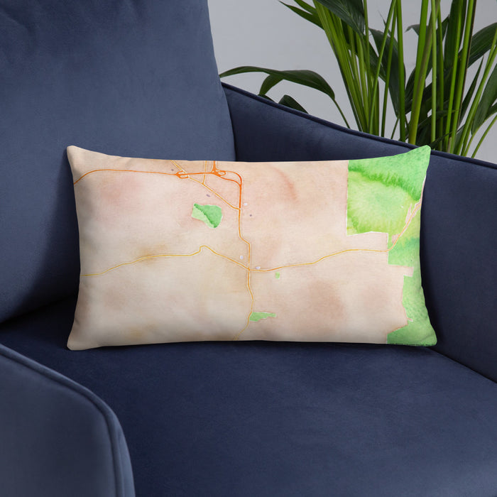 Custom Bennington Vermont Map Throw Pillow in Watercolor on Blue Colored Chair